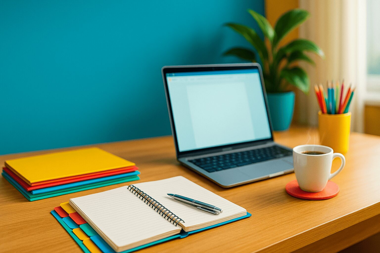 Un bureau avec un ordinateur portable, un carnet et une tasse de café